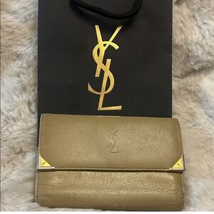 Yves Saint Laurent Taupe Leather Wallet with Gold Corners